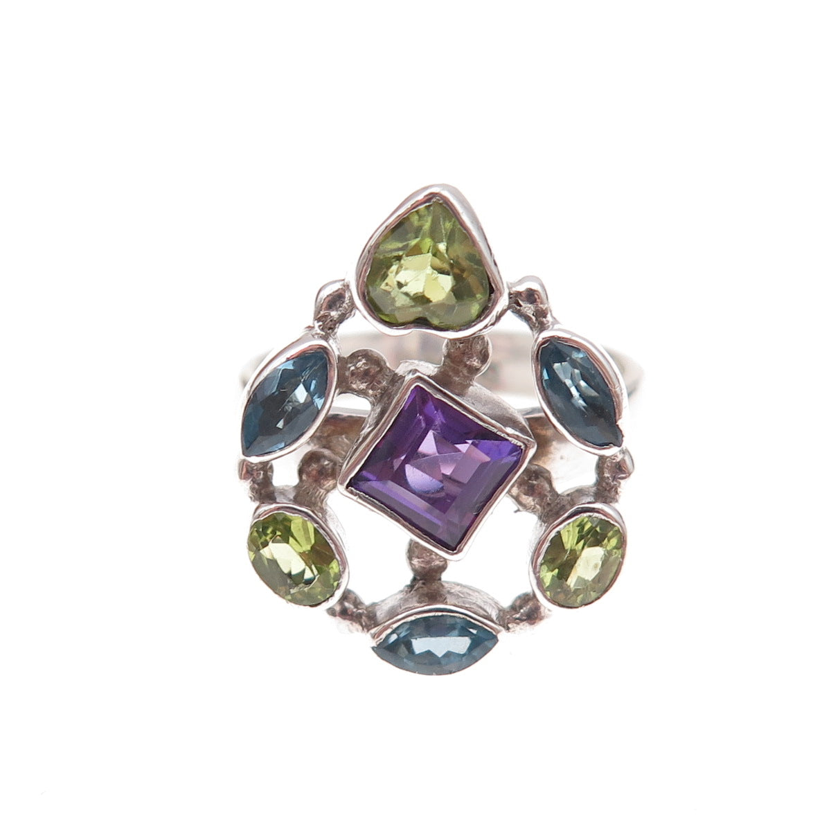 Sajen 925 Sterling Silver Vintage Real Amethyst Blue Topaz Peridot Ring Size 6.5