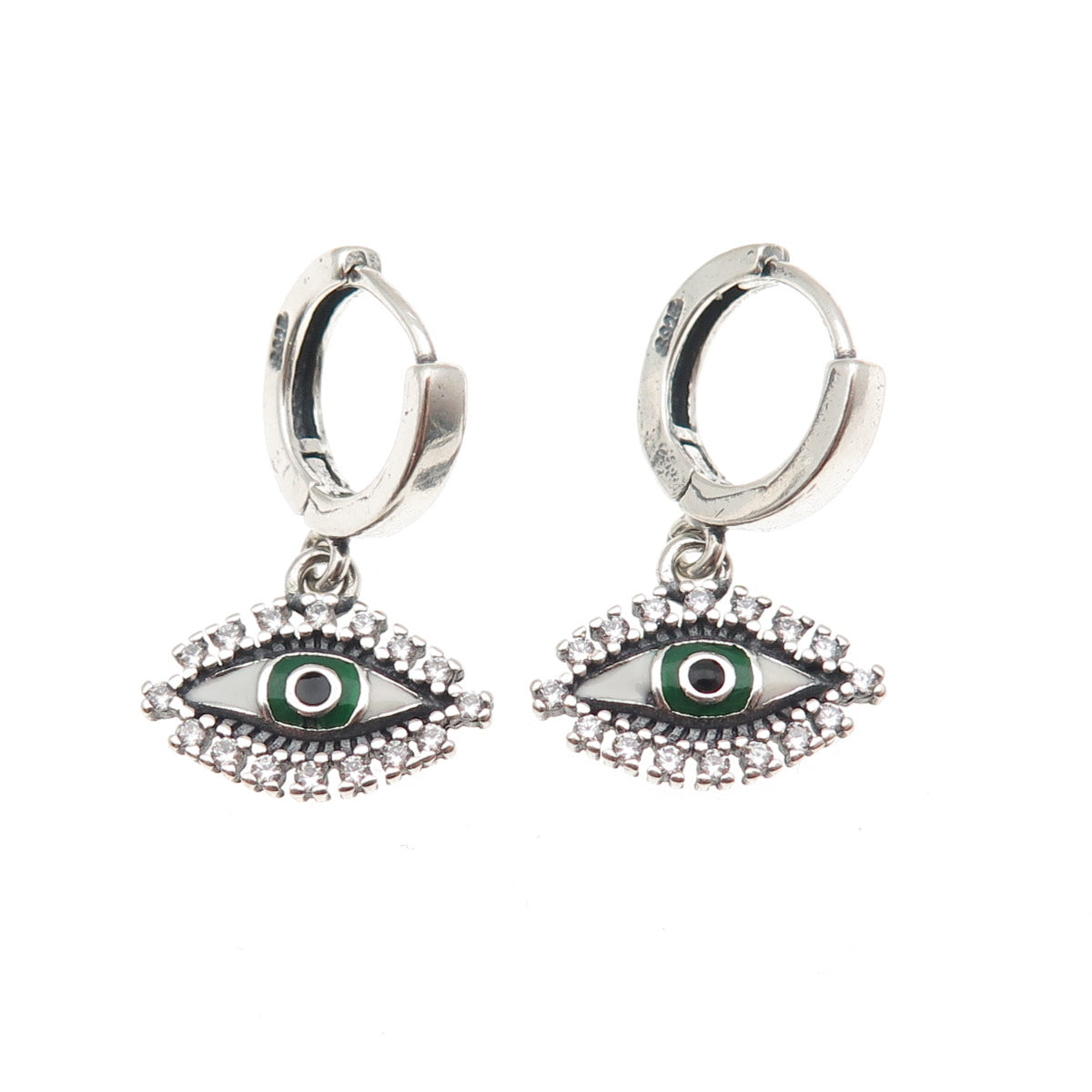 925 Sterling Silver Enamel & C Z Evil's Eye Amulet Dangle Charm Hoop Earrings