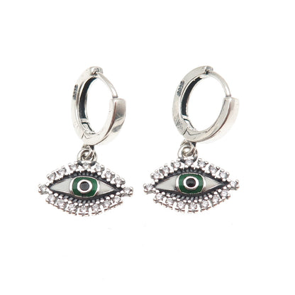 925 Sterling Silver Enamel & C Z Evil's Eye Amulet Dangle Charm Hoop Earrings