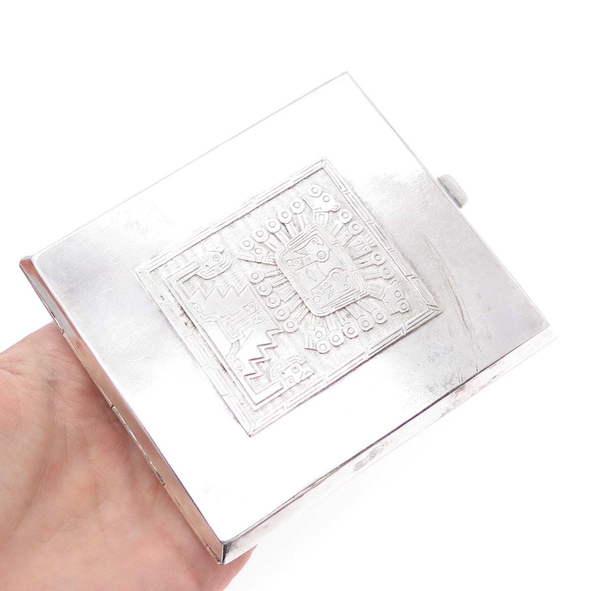900 Silver Vintage Bolivia Tribal God Cigarette Case