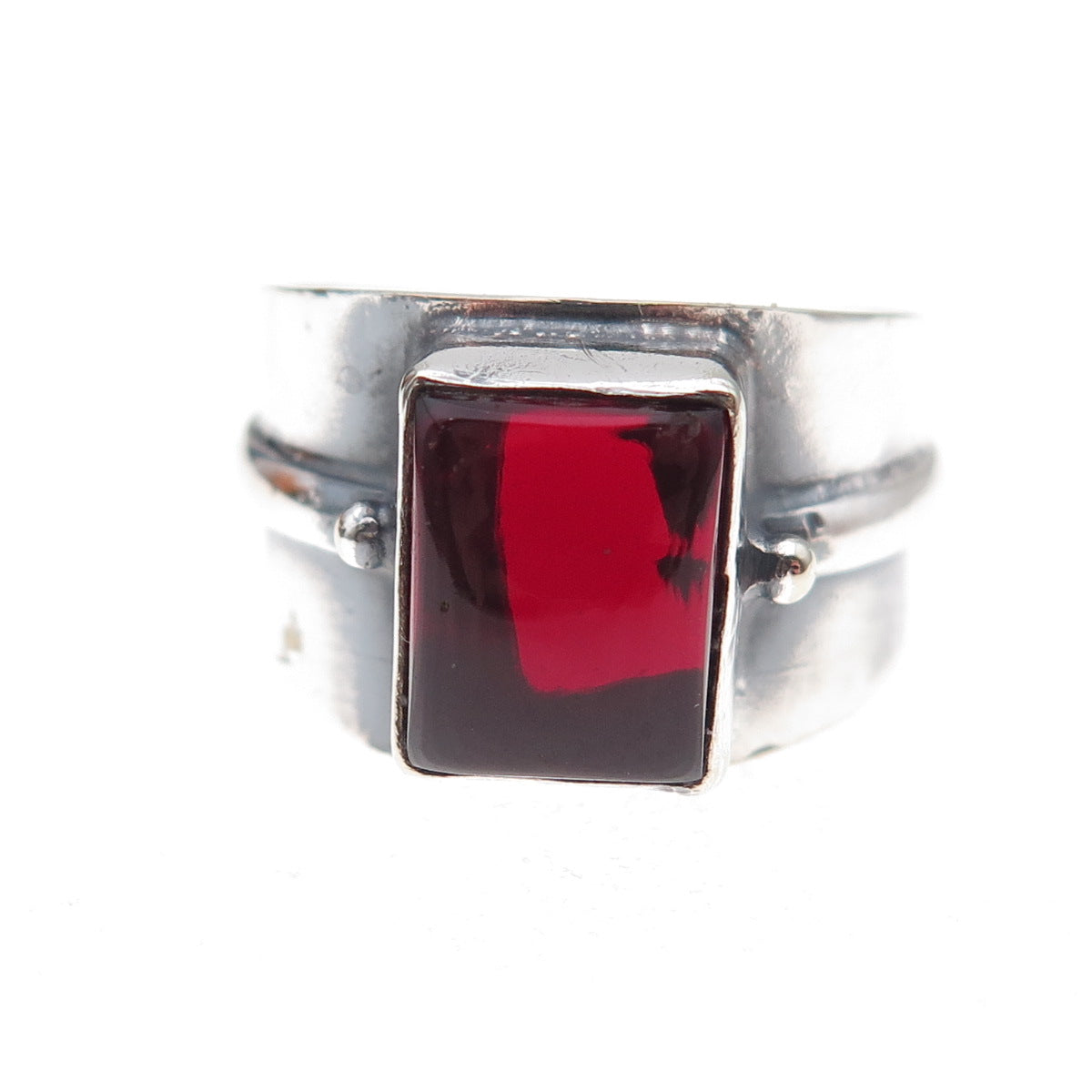 925 Sterling Silver Vintage Real Red Garnet Modernist Oxidized Ring Size 8.75