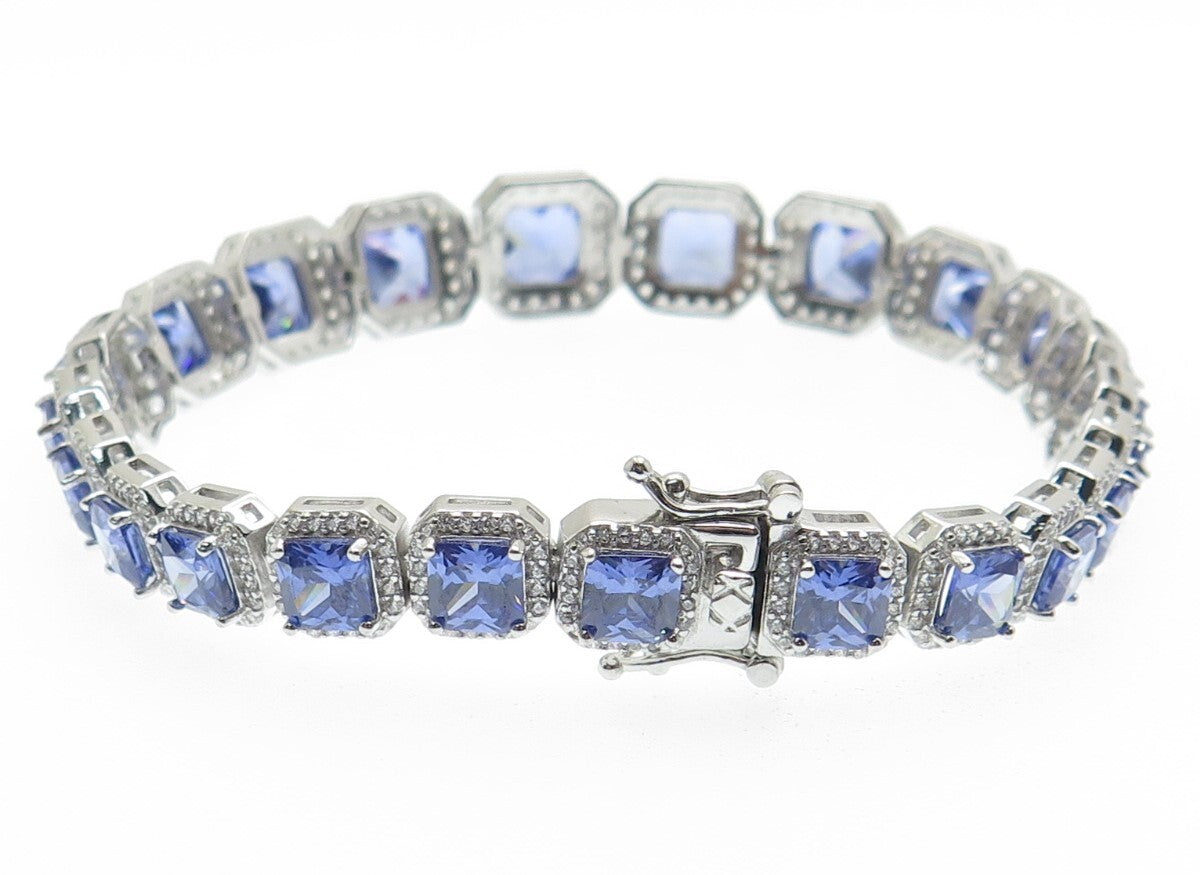 925 Sterling Silver Blue & White C Z Princess Link Bracelet 8"