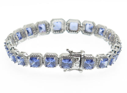 925 Sterling Silver Blue & White C Z Princess Link Bracelet 8"