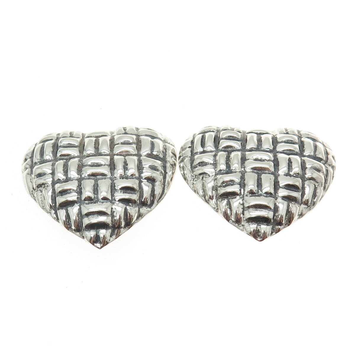 925 Sterling Silver Vintage Mexico Modernist Heart Clip On Oxidized Earrings