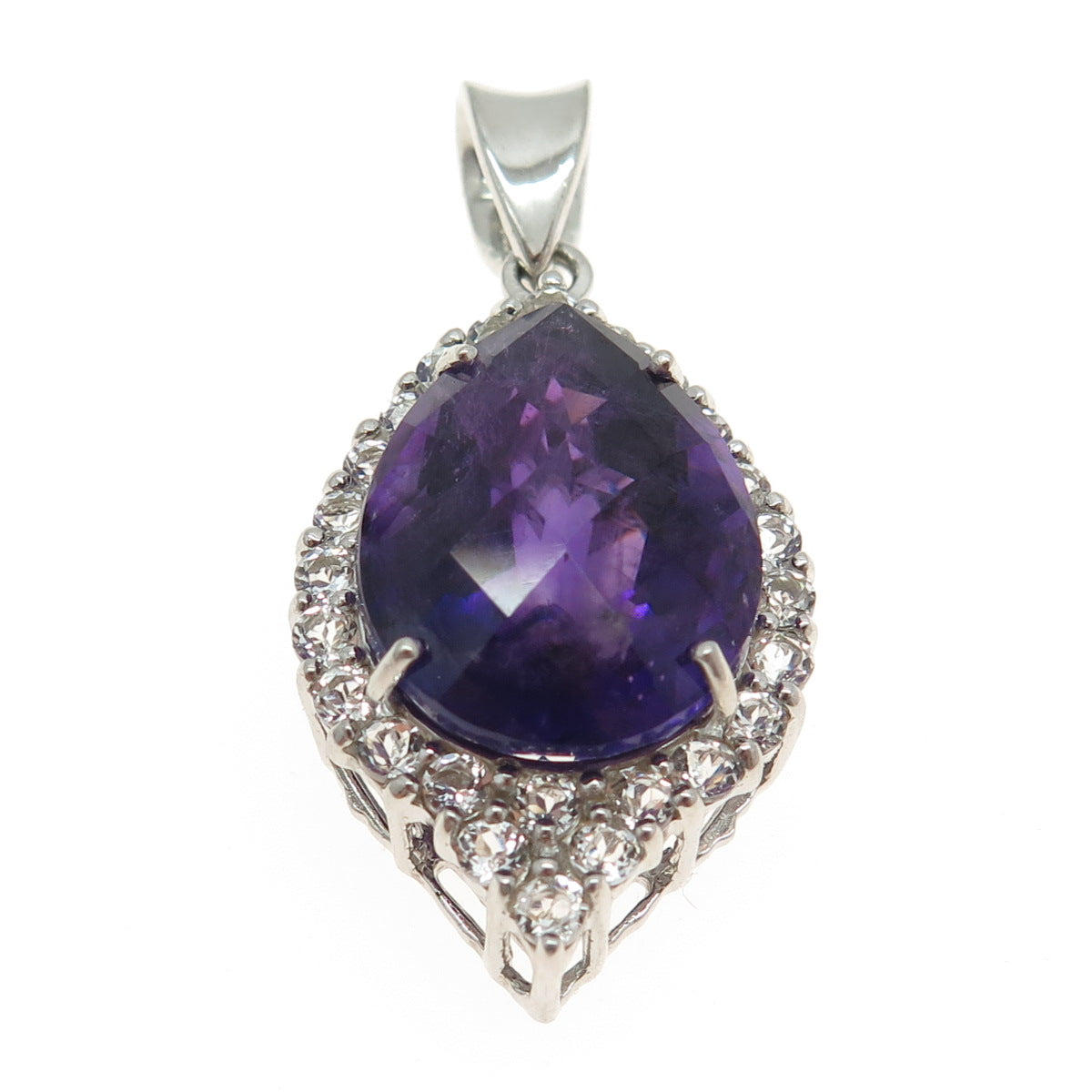 925 Sterling Silver Real Pear-Cut Amethyst & Round-Cut White Topaz Pendant