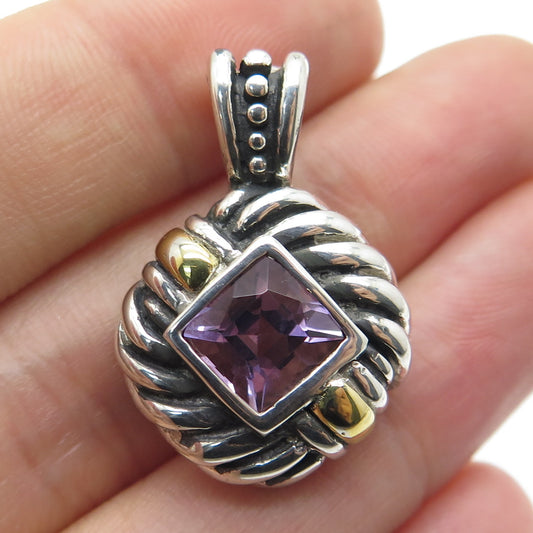 925 Sterling Silver 2-Tone Vintage Real Amethyst Gemstone Ribbed Pendant