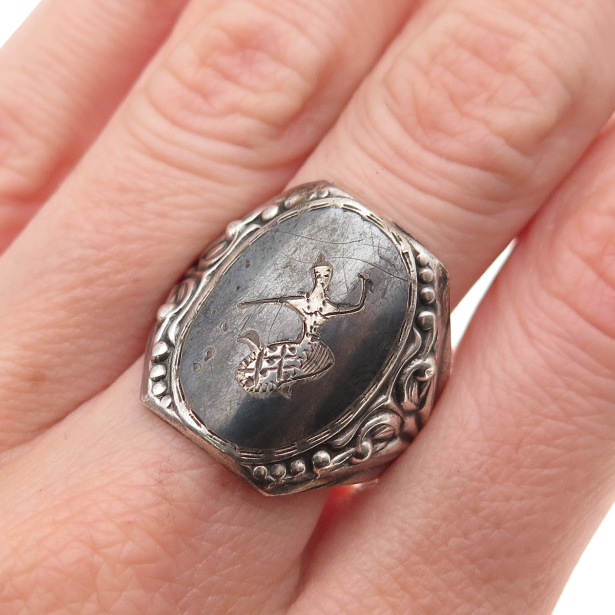 950 Silver Antique Art Deco Niello Hindu Goddess Oxidized Ring Size 10