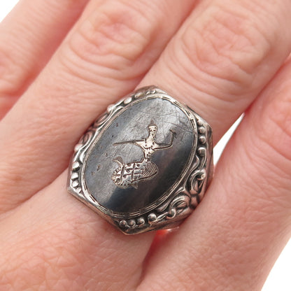 950 Silver Antique Art Deco Niello Hindu Goddess Oxidized Ring Size 10