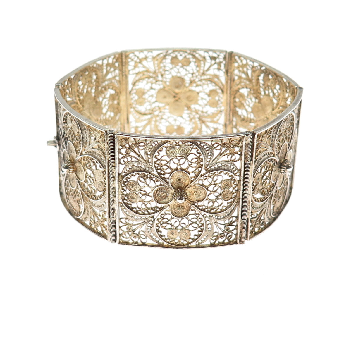 800 Silver Gold Plated Antique Italy Flower Filigree Panel Link Bracelet 7.25"