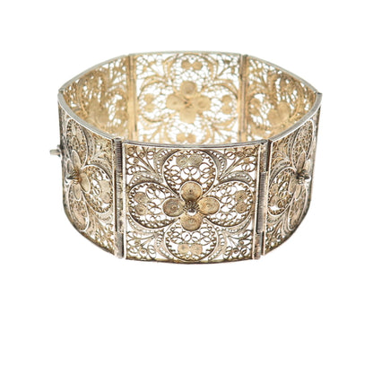 800 Silver Gold Plated Antique Italy Flower Filigree Panel Link Bracelet 7.25"