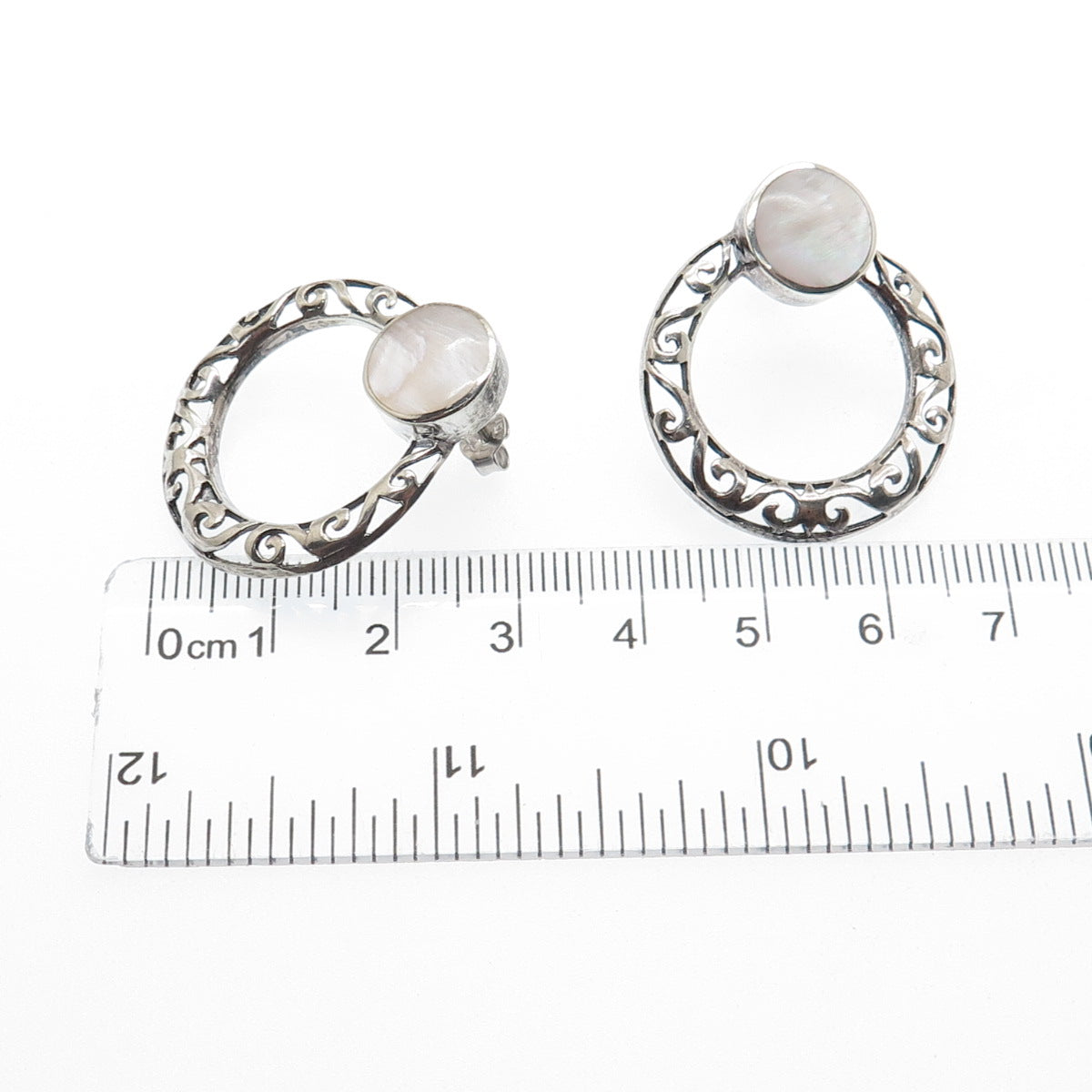 925 Sterling Silver Vintage Real MOP Door Knocker Ornate Oxidized Earrings