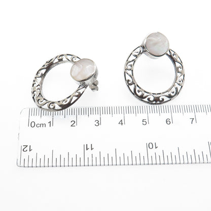 925 Sterling Silver Vintage Real MOP Door Knocker Ornate Oxidized Earrings