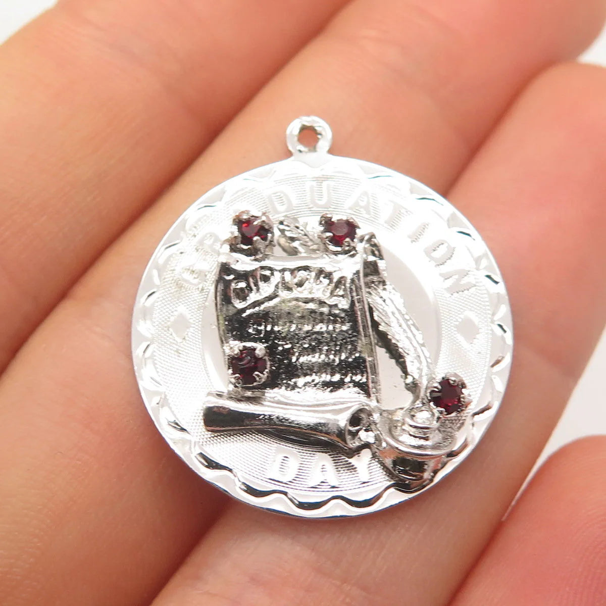 925 Sterling Silver Vintage Spencer Red Garnet Gem "Graduation Day" Pendant