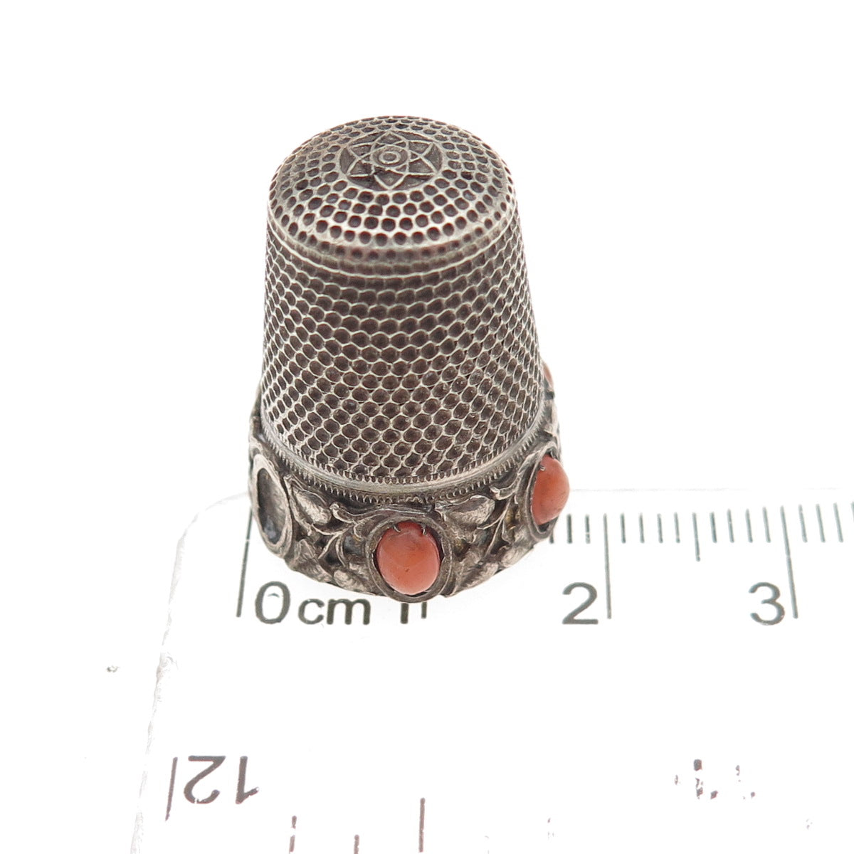 925 Sterling Silver Antique Art Deco Real Coral Sewing Thimble (missing 1 stone)
