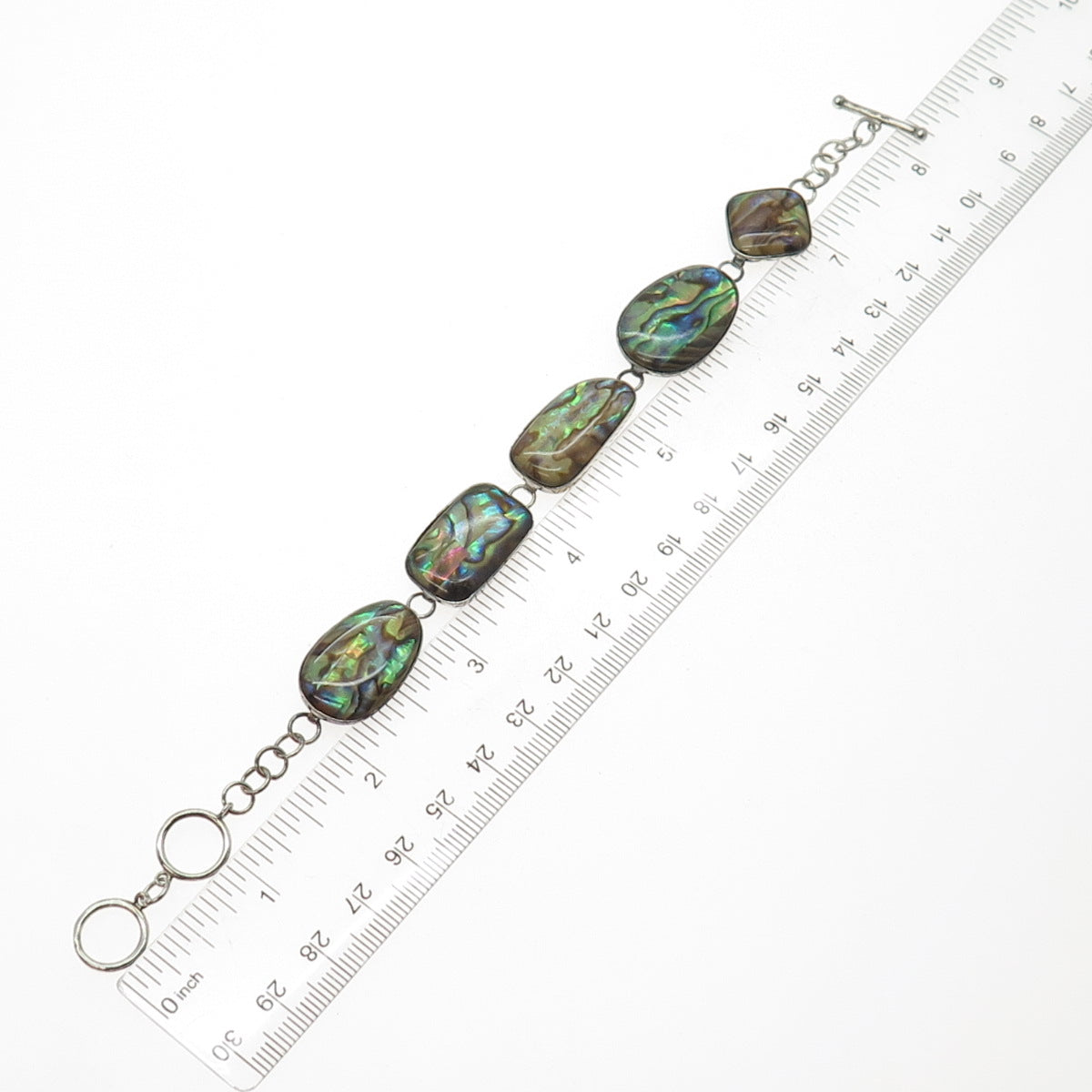 925 Sterling Silver Vintage Real Abalone Shell Modernist Bracelet 6.5-7.5"