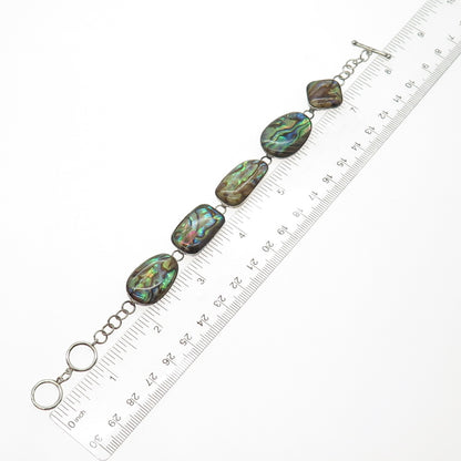 925 Sterling Silver Vintage Real Abalone Shell Modernist Bracelet 6.5-7.5"