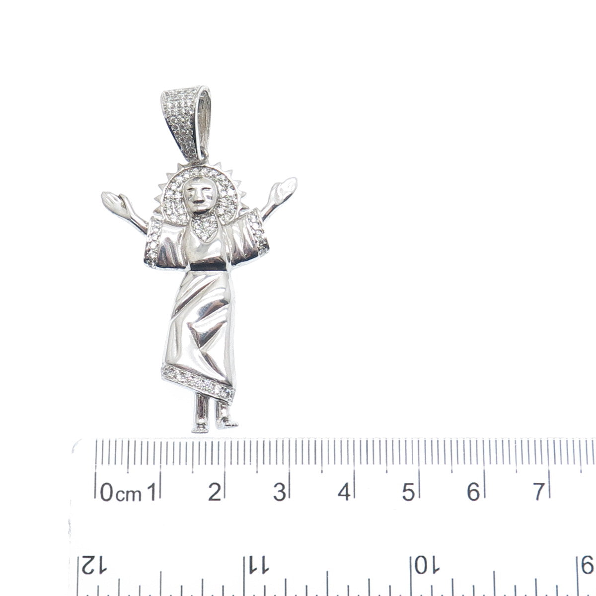 925 Sterling Silver Round-Cut C Z Jesus Charm Pendant