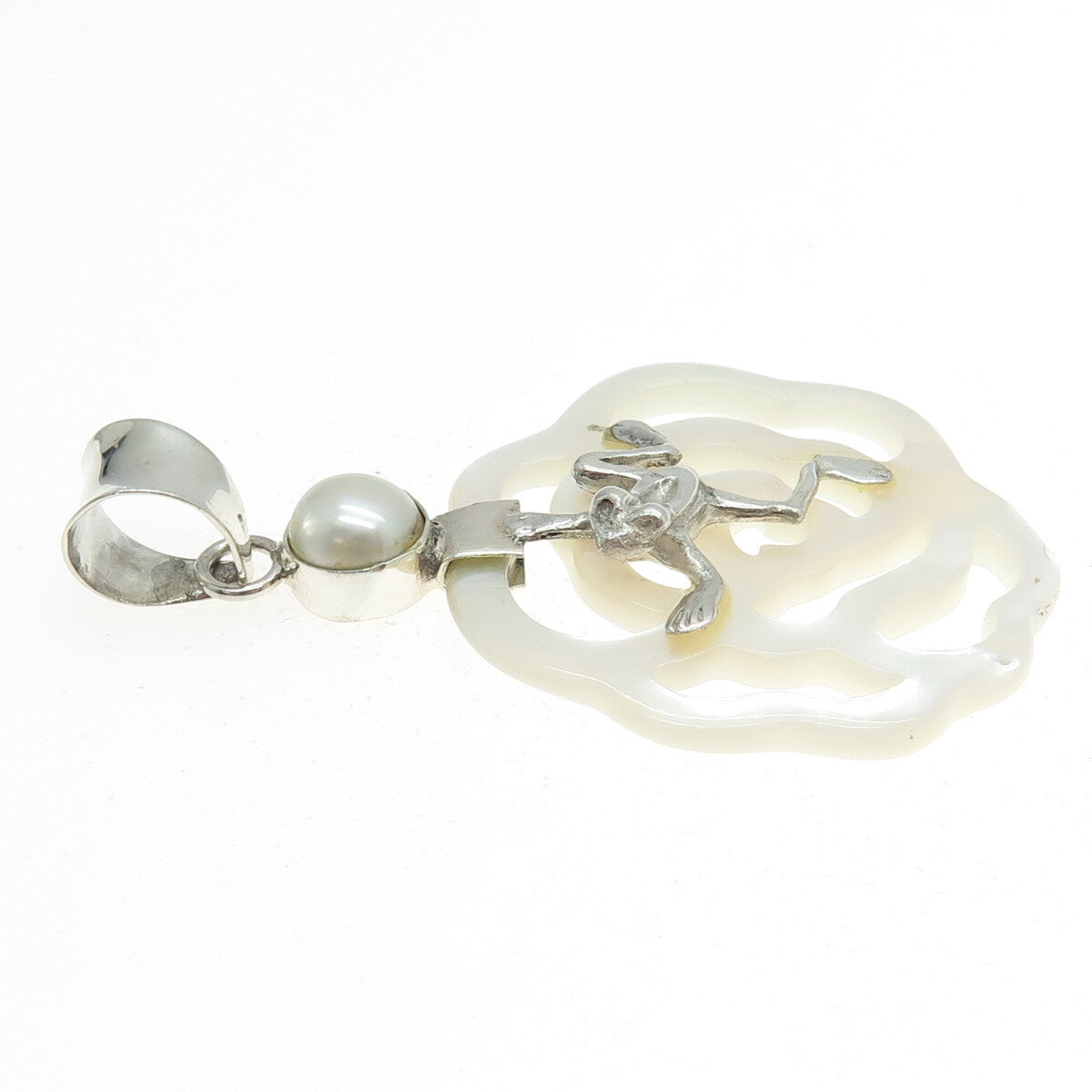 925 Sterling Silver Vintage Real Pearl & Carved MOP Frog on Flower Pendant