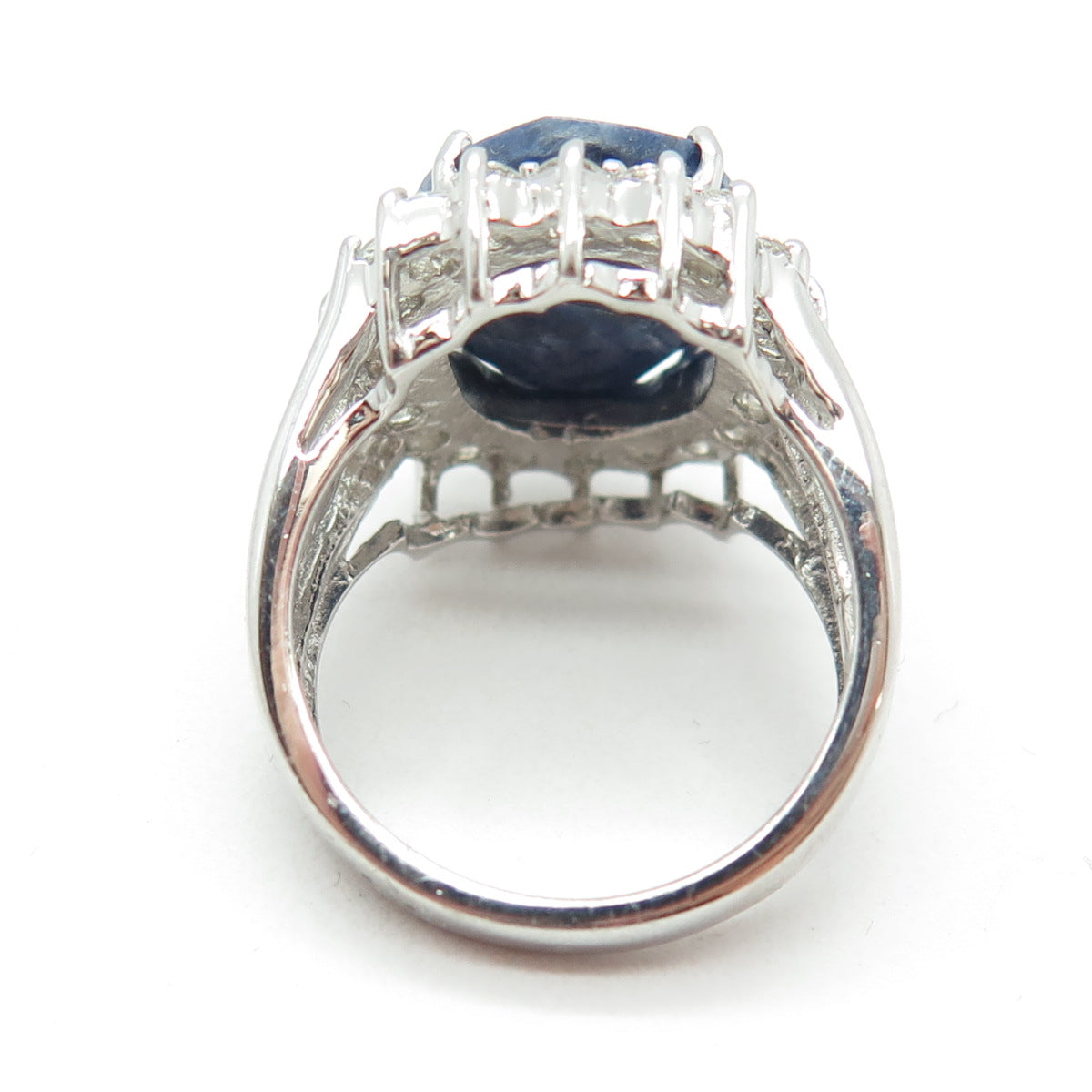 925 Sterling Silver Real Blue Sapphire & White Topaz Gemstone Ring Size 6.75