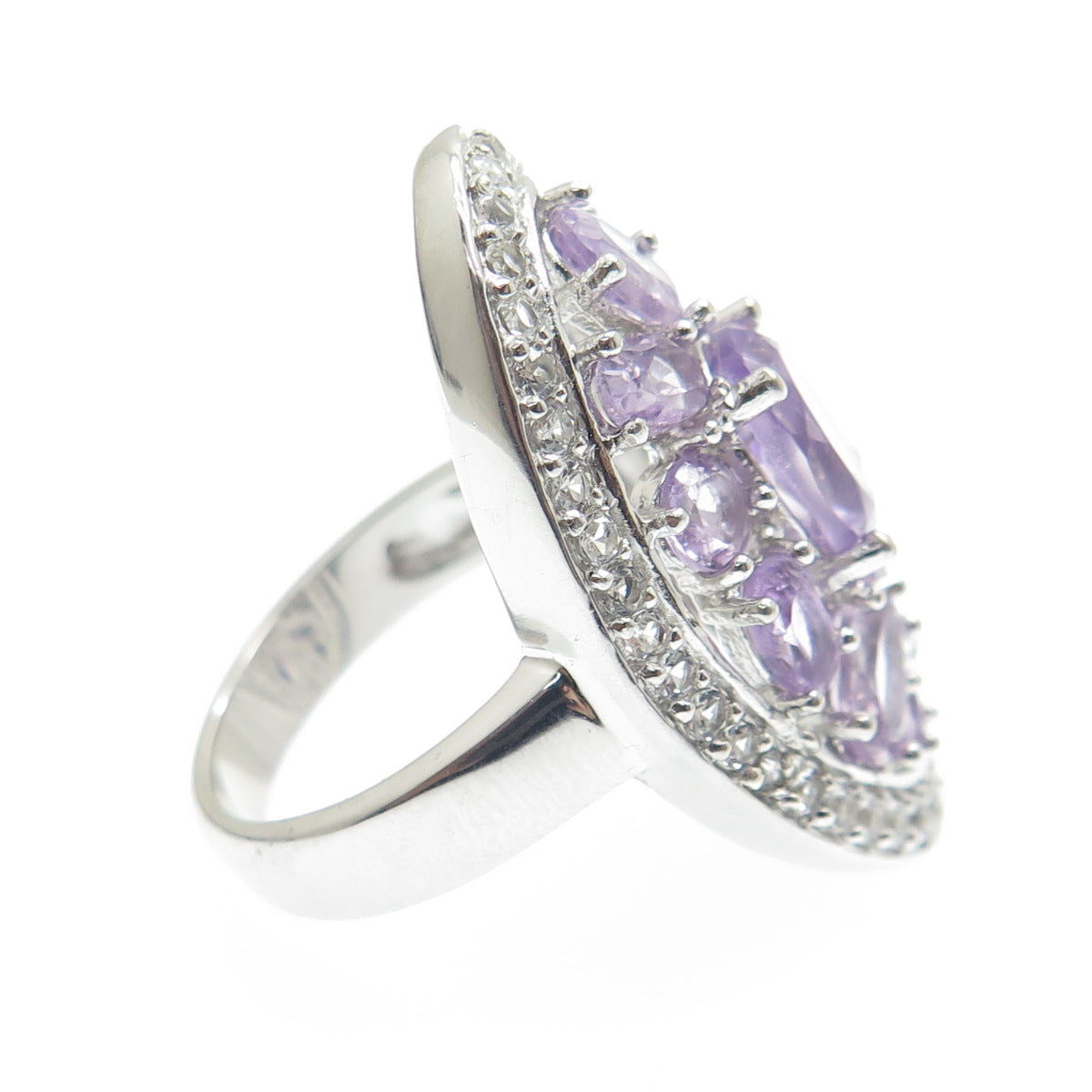 925 Sterling Silver Real Amethyst & White Topaz Cluster Ring Size 7