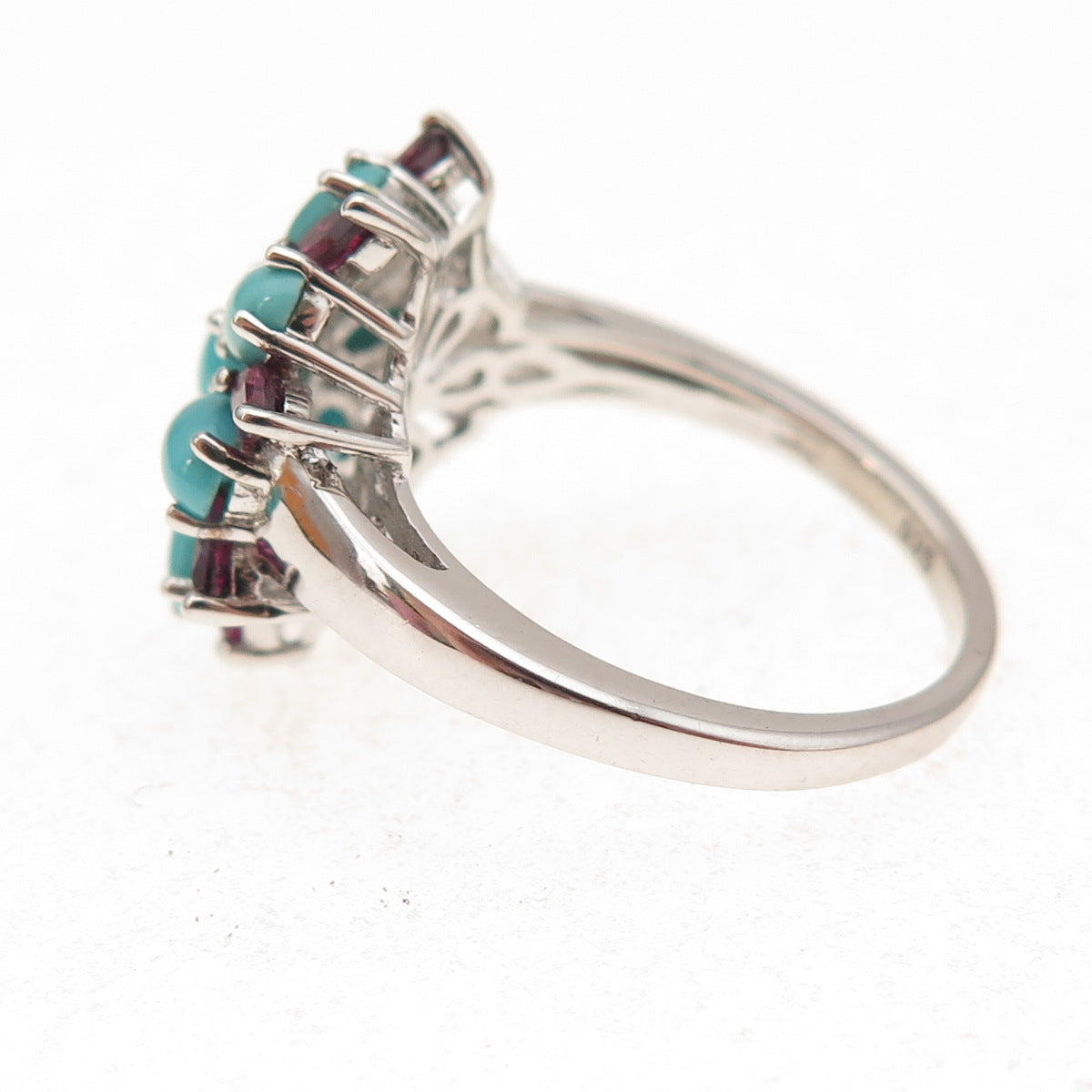 925 Sterling Silver Real Sleeping Beauty Turquoise & Tourmaline Ring Size 8.25