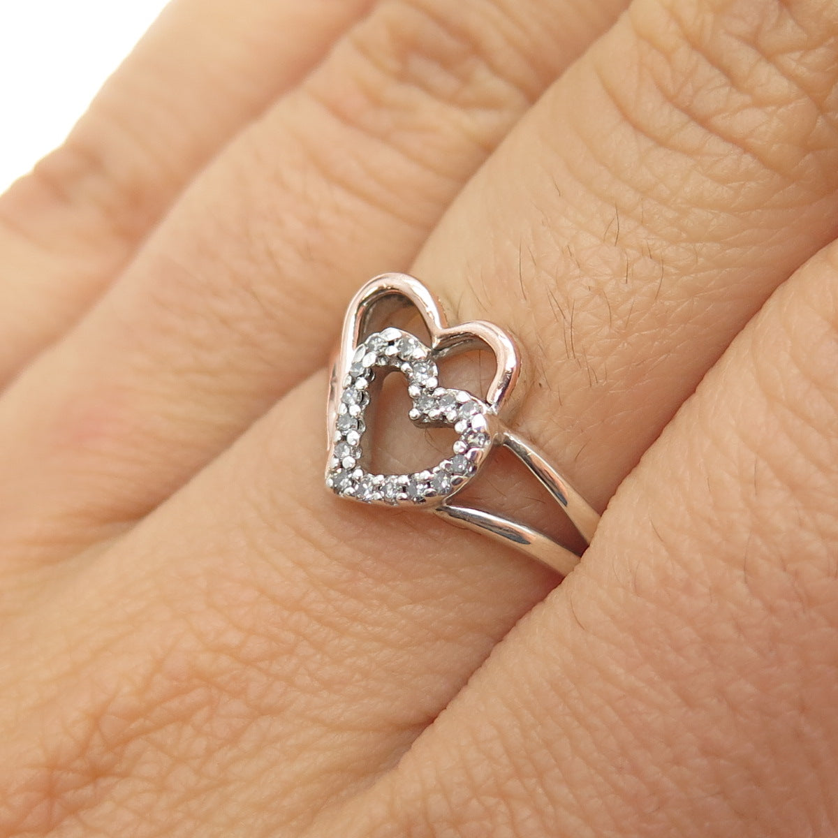 SUN 925 Sterling Silver 10K Gold Real Diamond Couple Heart Ring Size 7