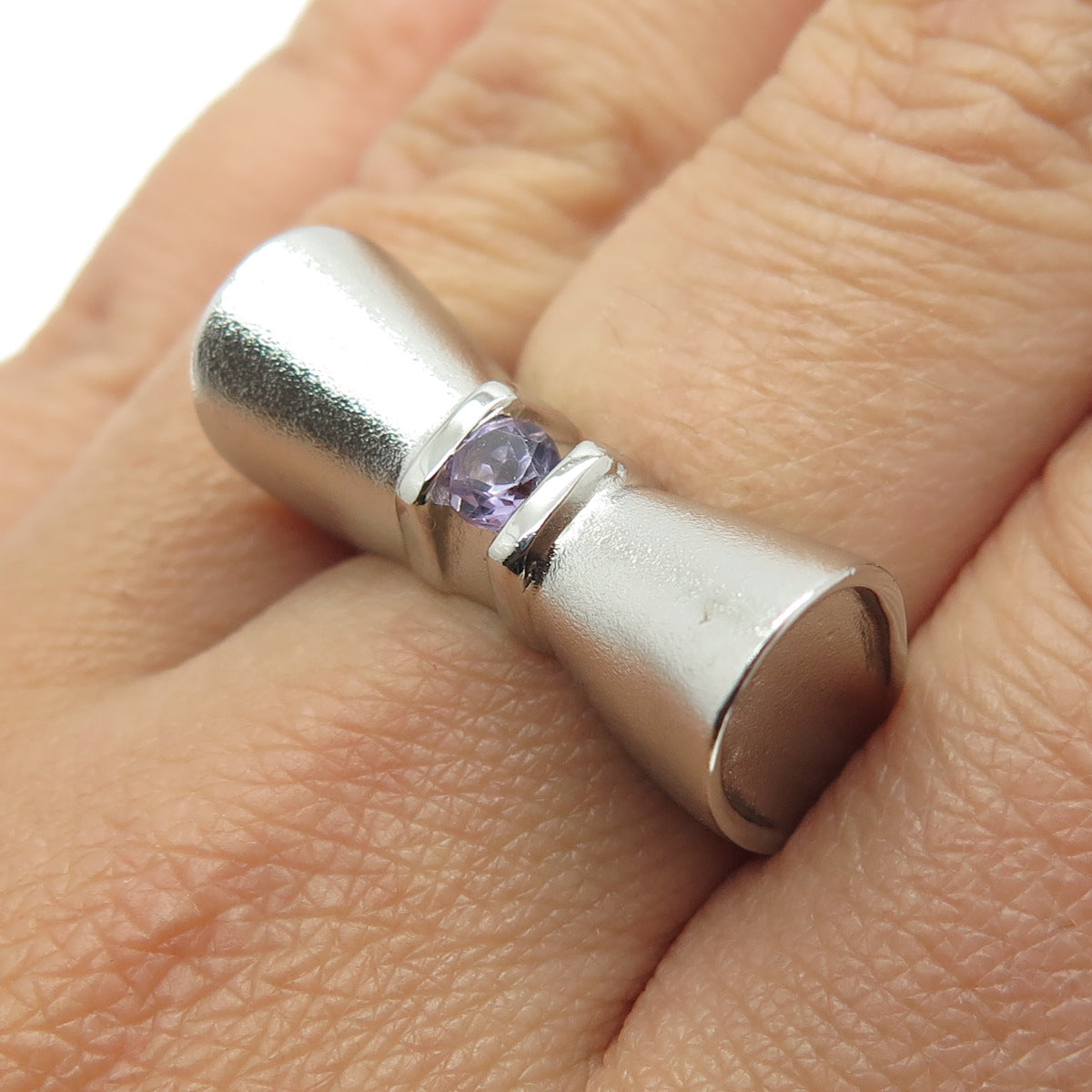 925 Sterling Silver Real Amethyst Gemstone Bow Modernist Ring Size 8