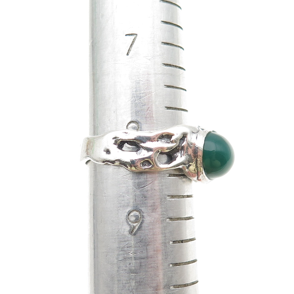 925 Sterling Silver Vintage Real Green Onyx Modernist Oxidized Ring Size 8.5