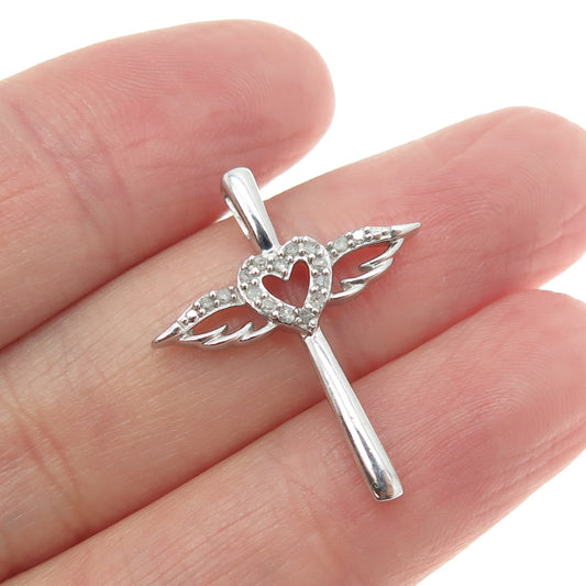 925 Sterling Silver Real Round-Cut Diamond Cross Heart Angel Wings Pendant