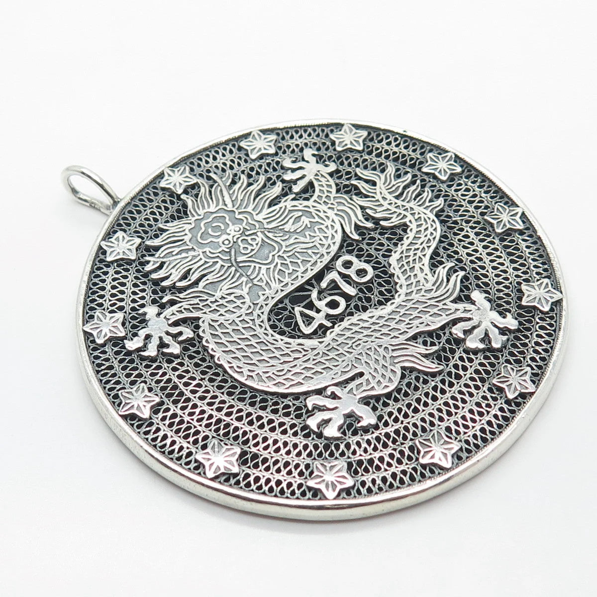 925 Sterling Silver Vintage Chinese Dragon & Eagle Filigree Pendant