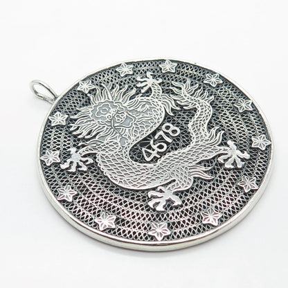 925 Sterling Silver Vintage Chinese Dragon & Eagle Filigree Pendant