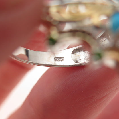 Chuck Clemency 925 Sterling 2-Tone Real Turquoise & Peridot Tiara Ring Size 8