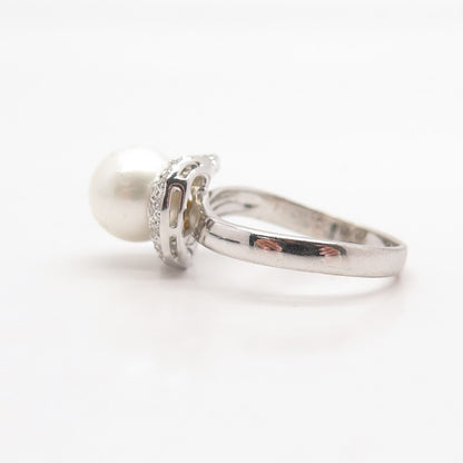 925 Sterling Silver Vintage Faux White Pearl & C Z Ring Size 8
