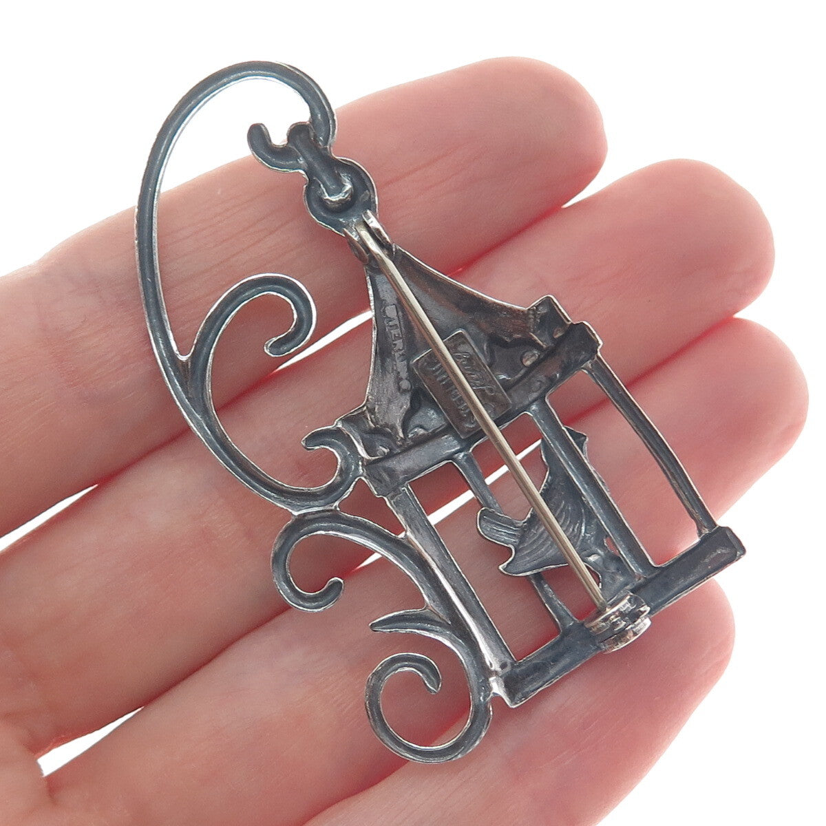 LANG Sterling Silver Antique Art Deco Bird Cage Fleur de Lis Oxidized Pin Brooch