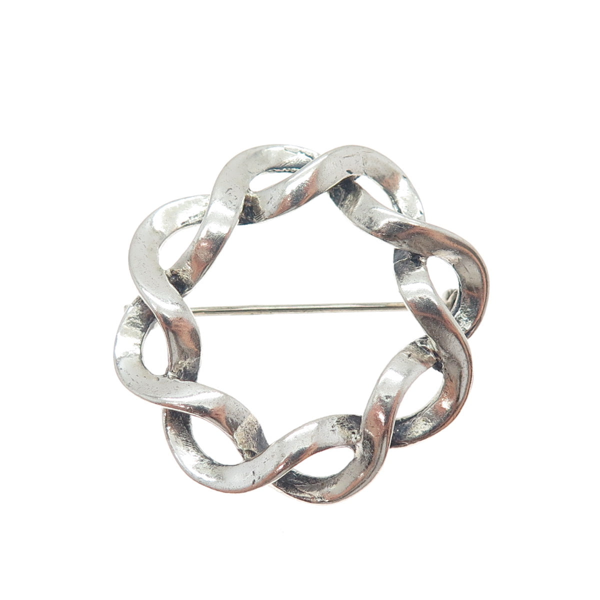 BEAU 925 Sterling Silver Vintage Modernist Woven Circle Oxidized Pin Brooch