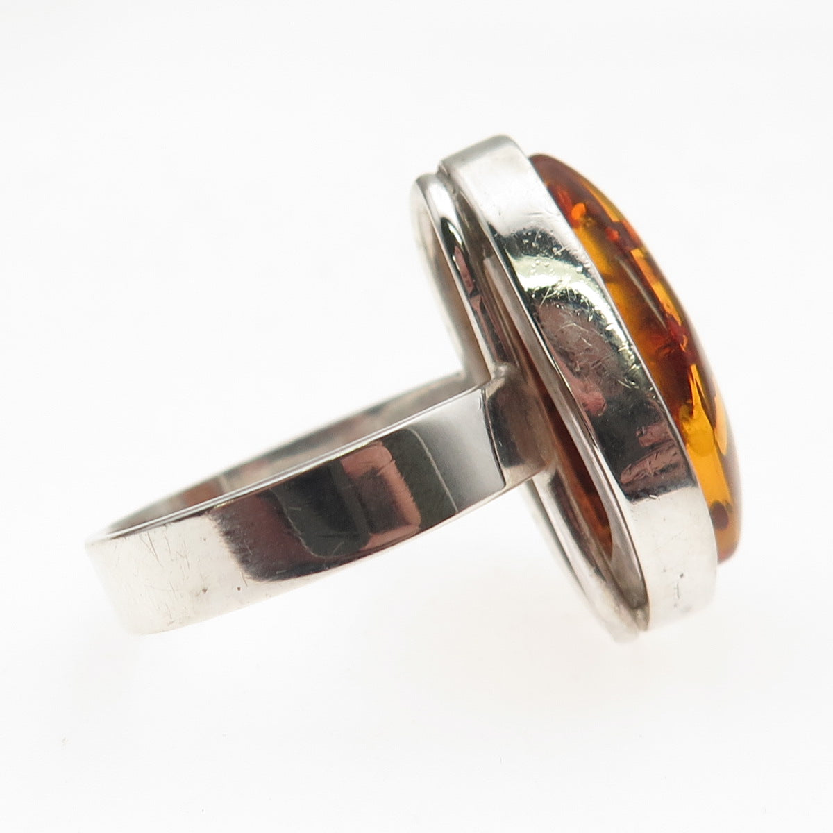 925 Sterling Silver Vintage Real Amber Modernist Oxidized Ring Size 9.5