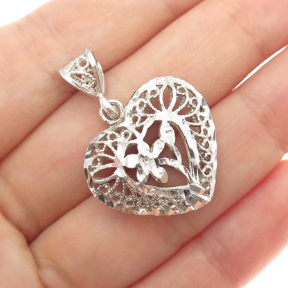 925 Sterling Silver Vintage Flower Filigree Heart Charm Pendant