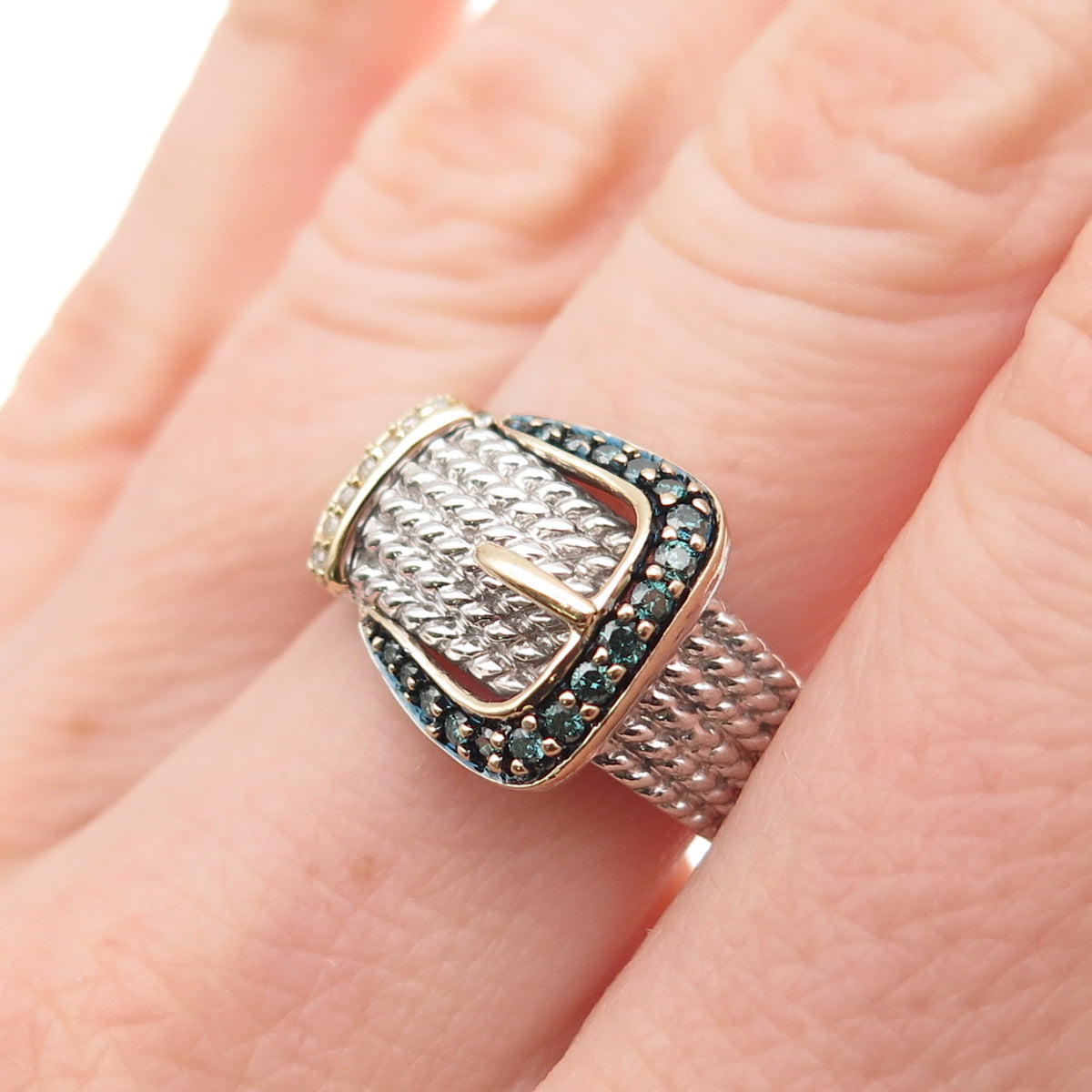 Alwand Vahan Sterling 14K Gold Real Blue & White Diamond Buckle Ring Size 6.75
