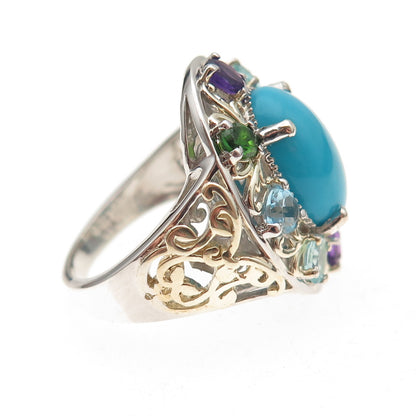 Chuck Clemency 925 Sterling Silver 2-Tone Real Multi-Color Gem Ring Size 8