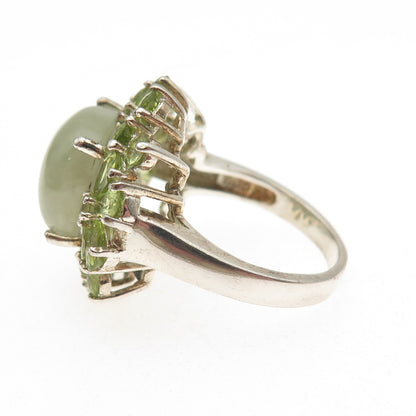 925 Sterling Silver Real Jade & Peridot Cluster Ring Size 8.25