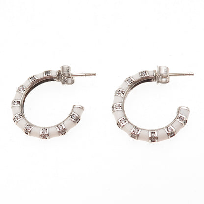 925 Sterling Silver Enamel & C Z Bamboo Hoop Earrings