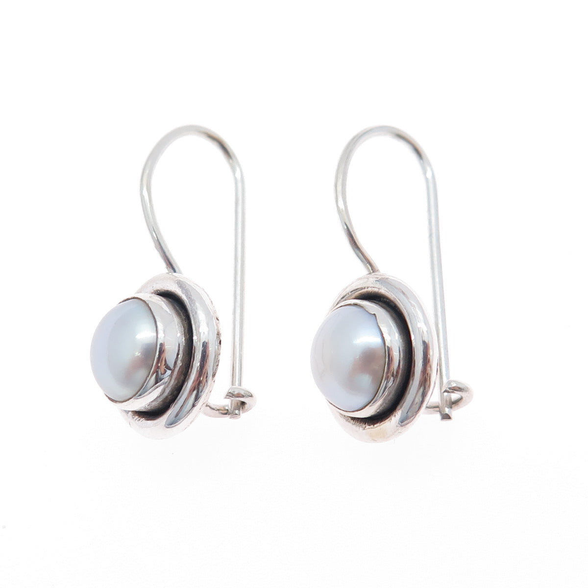 925 Sterling Silver Vintage Real Pearl Modernist Oxidized Drop Earrings