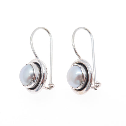 925 Sterling Silver Vintage Real Pearl Modernist Oxidized Drop Earrings