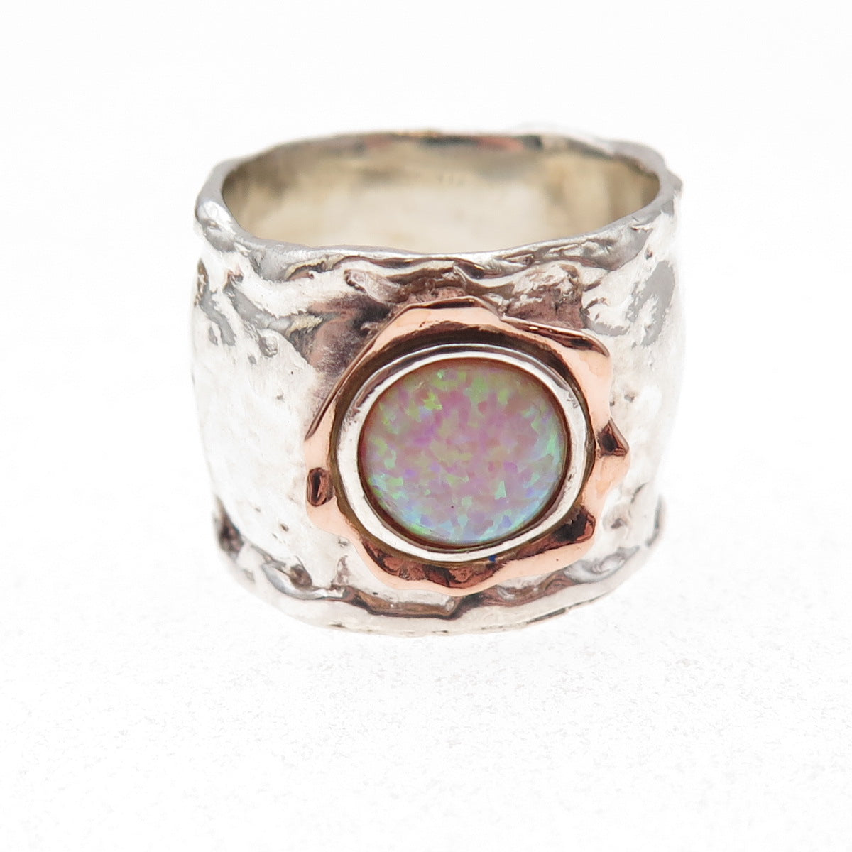 925 Sterling Silver 14K Gold Vintage Real Opal Modernist Ring Size 8