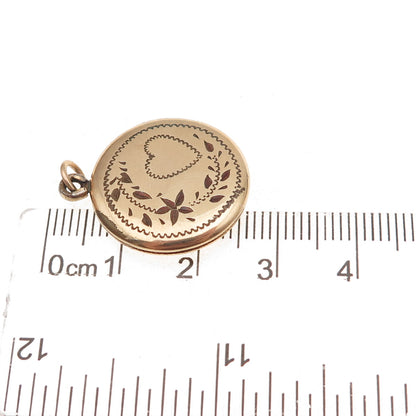 Gold Filled Antique Art Deco Engraved Floral Heart Round Locket Charm Pendant