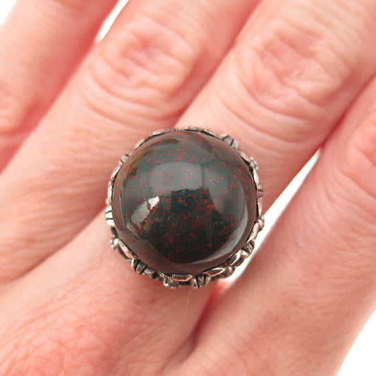 925 Sterling Silver Antique Victorian Real Bloodstone Oxidized Ring Size 5.25