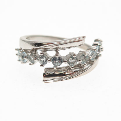 925 Sterling Silver Real Round-Cut Blue Topaz Bypass Ring Size 8
