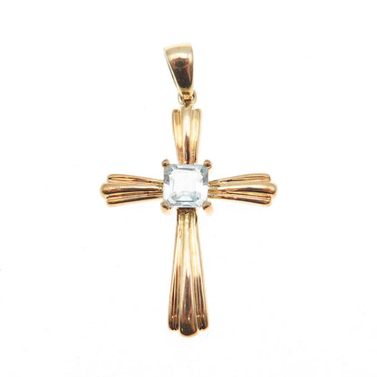 925 Sterling Silver Gold Plated Vintage Real Blue Topaz Cross Charm Pendant