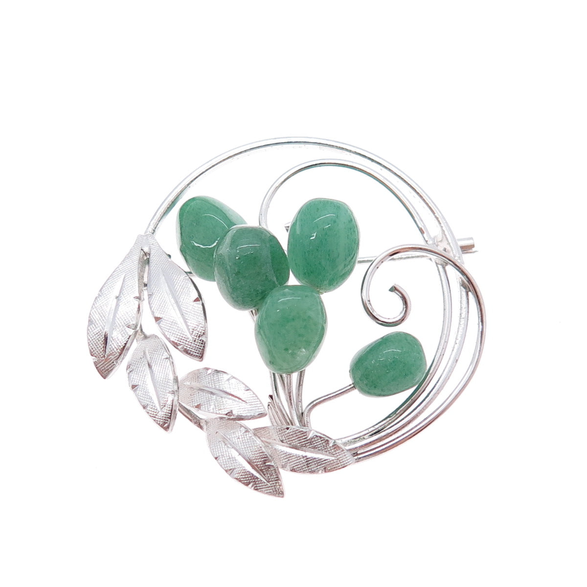 925 Sterling Silver Antique Art Deco Real Aventurine Floral Pin Brooch