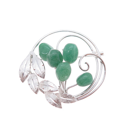 925 Sterling Silver Antique Art Deco Real Aventurine Floral Pin Brooch